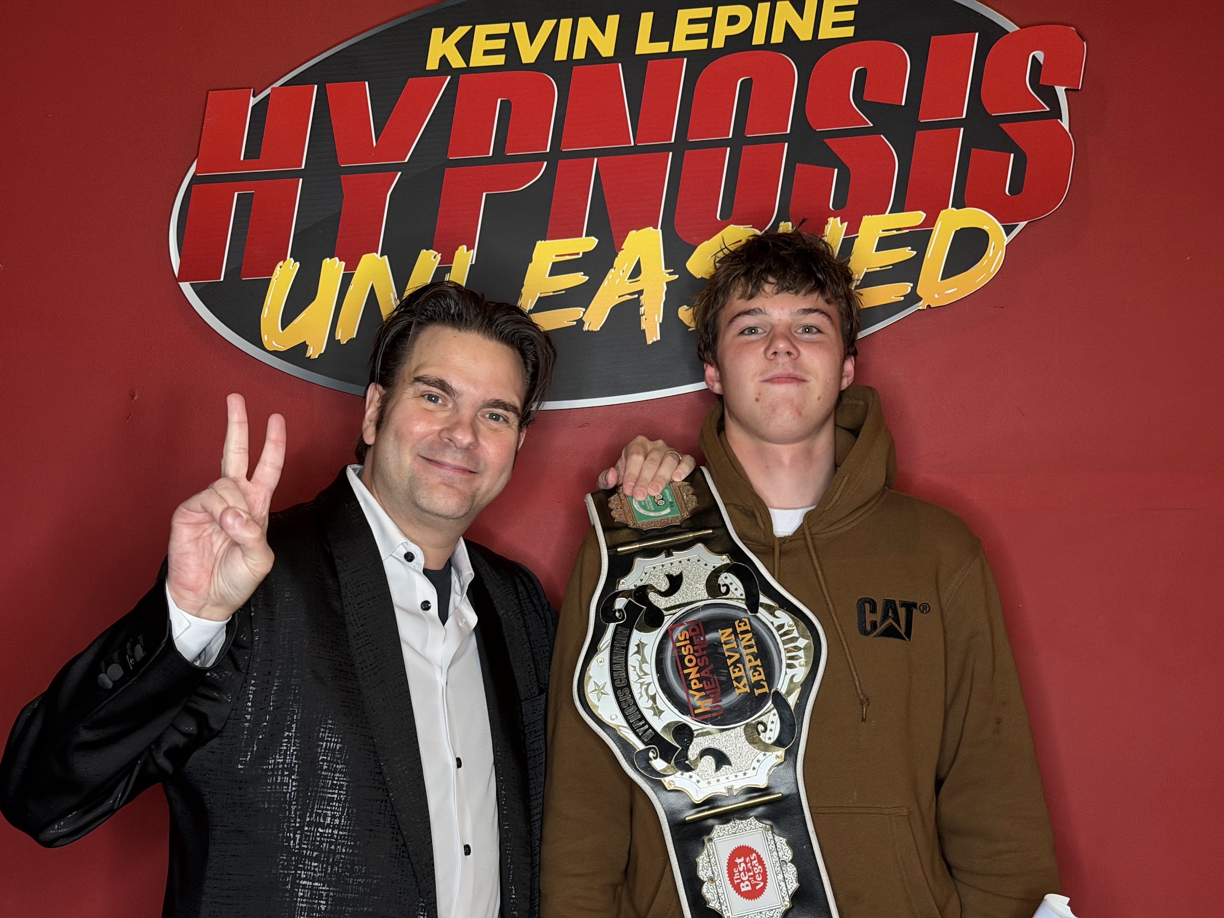 Jeff Pebley with Kevin Lepine and the championship belt at Hypnosis Unleashed