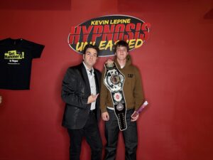 Jeff Pebley with Kevin Lepine and the championship belt, Hypnosis Unleashed